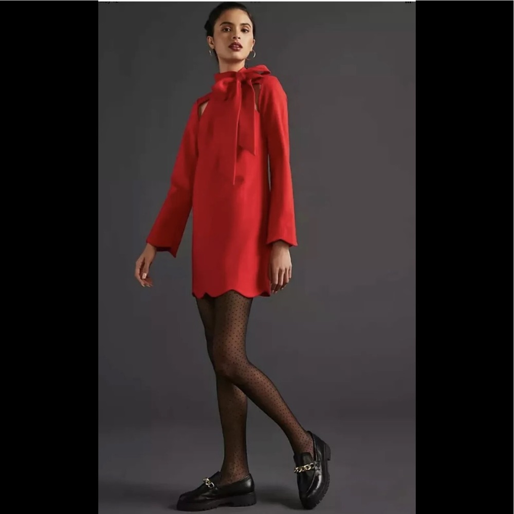 NWT Anthropologie Maeve Neck Tie Shift Mini Dress Scalloped Hem RED Sz XS